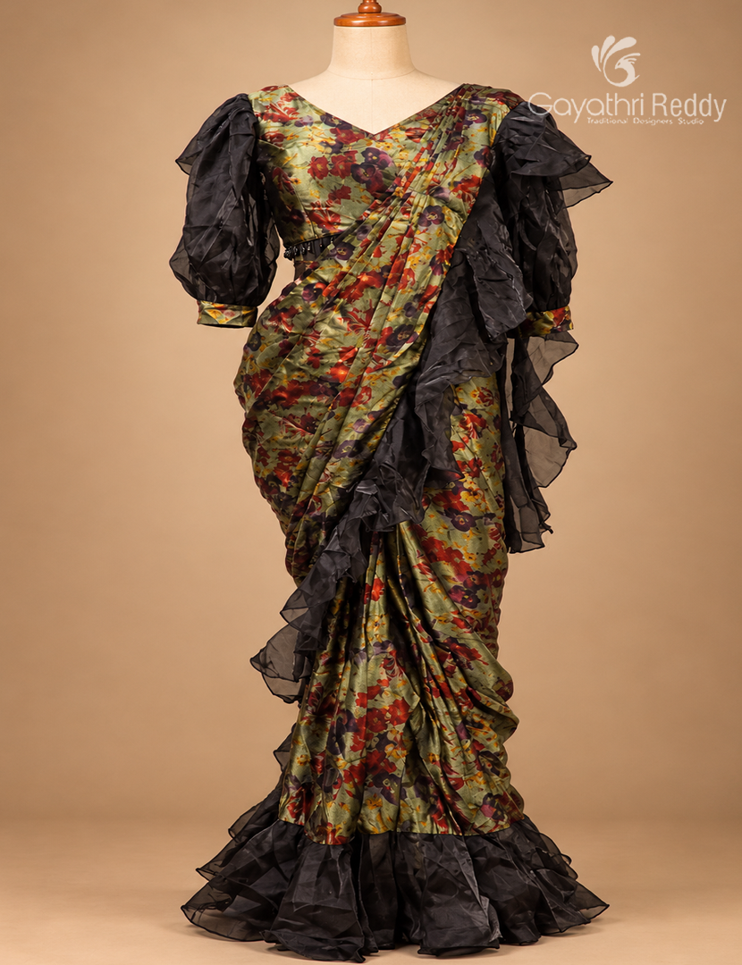 One Minute Saree in Olive Green and Black