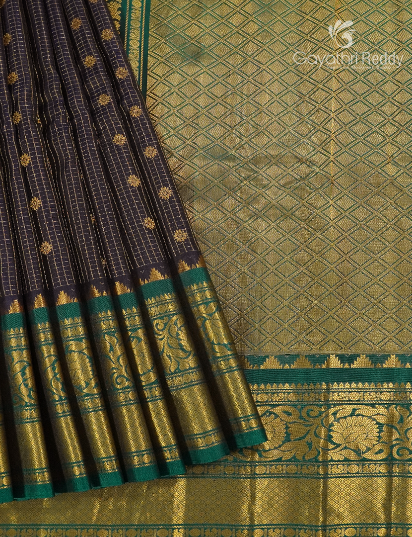 Pure Gadwal Silk Saree in Deep Brown and Bottle Green