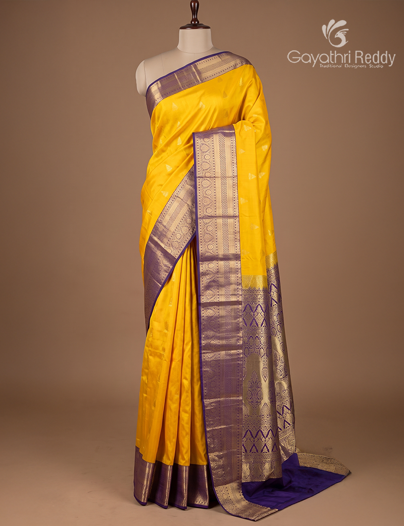 Semi Kanchipuram Silk Saree in Deep Sunshine Yellow and Deep Violet
