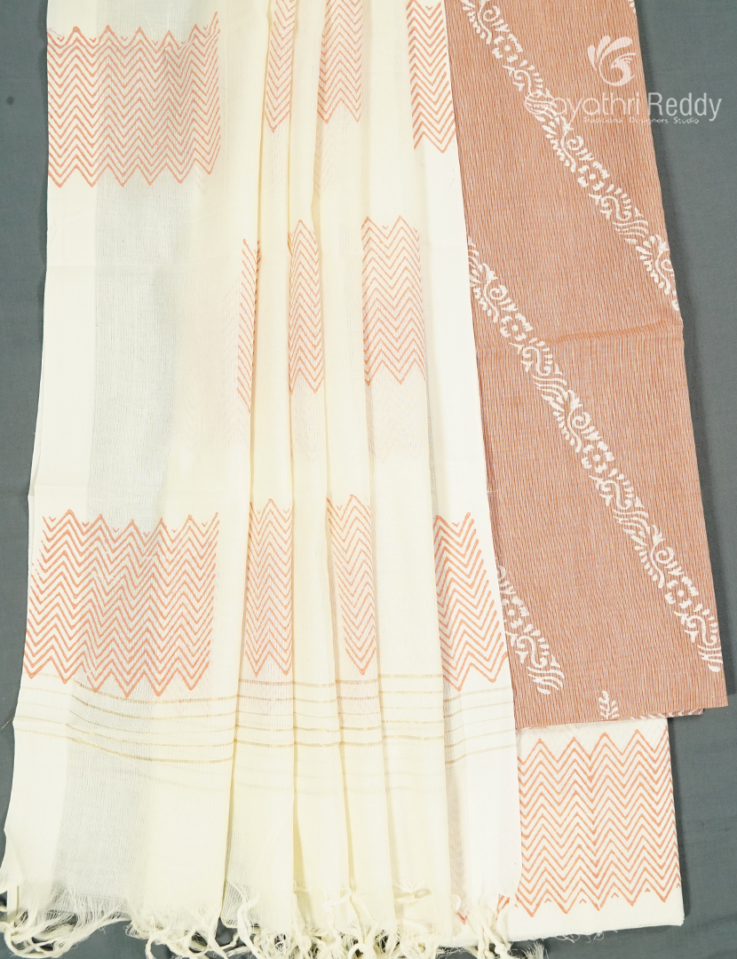 Cotton Dress Material in Pastel Peach and Cream