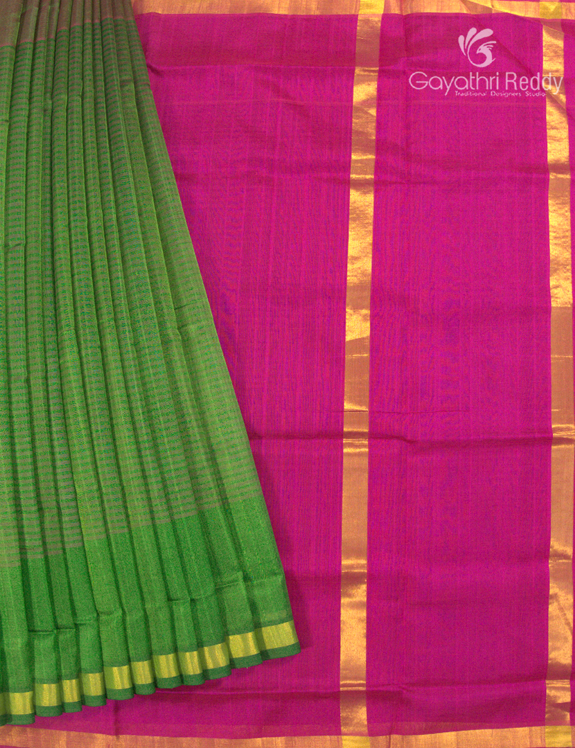 Pure Arani Sico Saree  in Parrot Green and Rani Pink