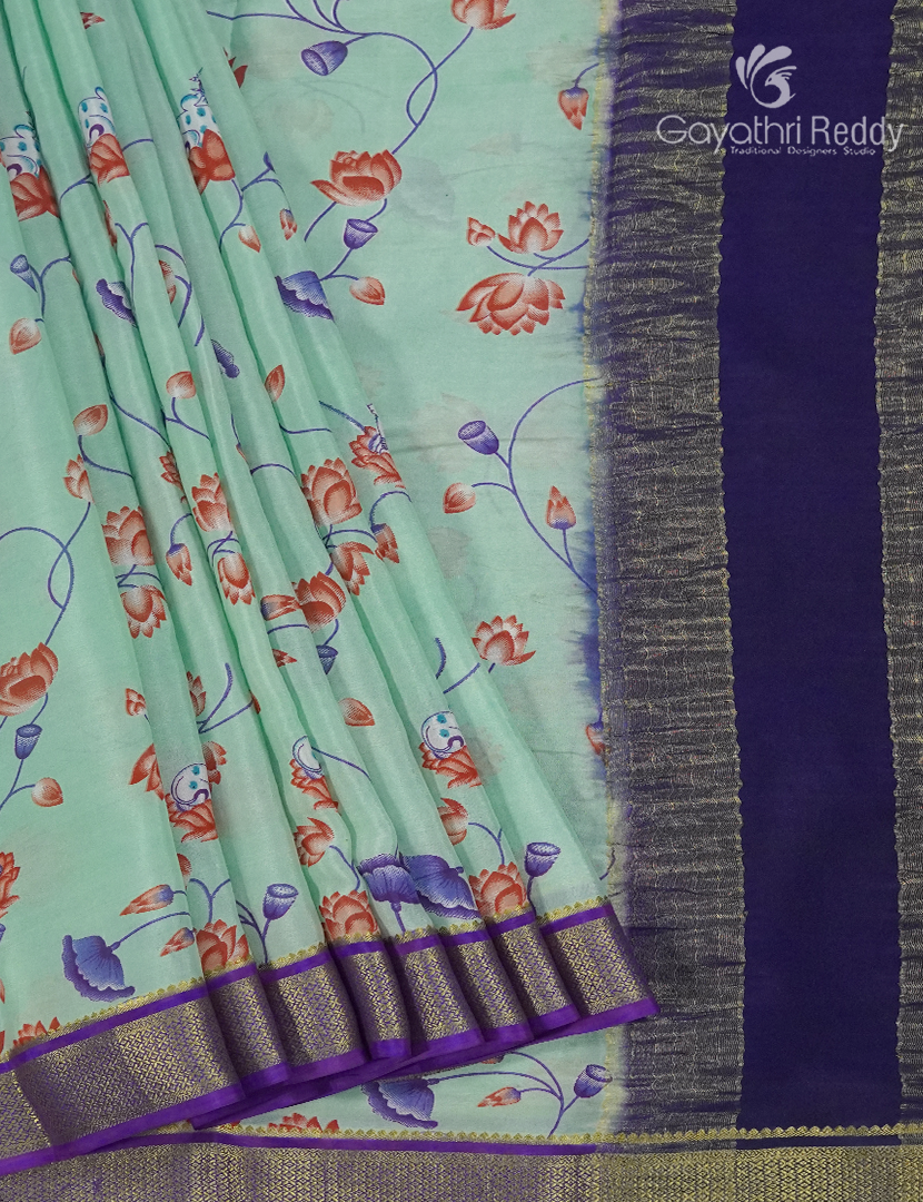 Pure Mysore Silk Saree in Sea Foam Green and Navy Blue