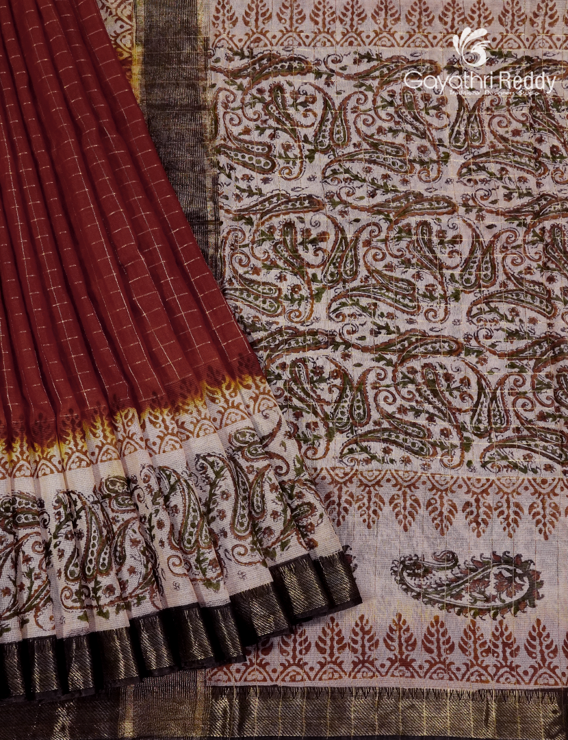Mangalgiri Kalamkari Saree in Deep Rust