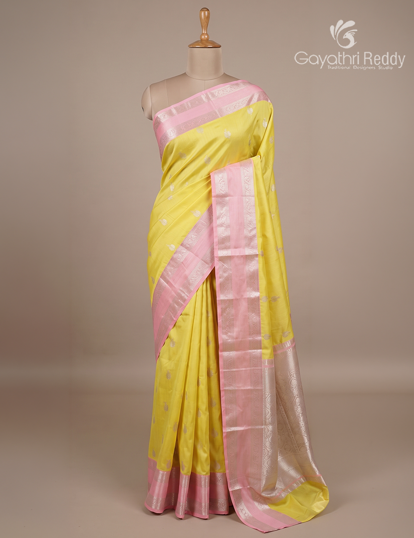 Pure Venkatagiri Silk Saree in Lime Yellow and Pastel Pink