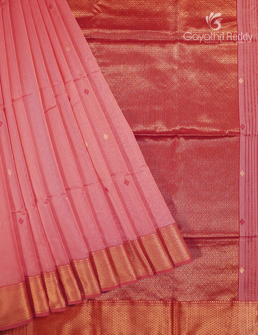 Pure Chanderi Sico Saree in Peach and Red