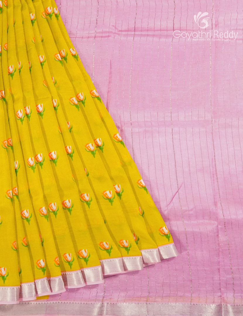 Mangalagiri Pattu Saree in Champak Yellow and Baby Pink