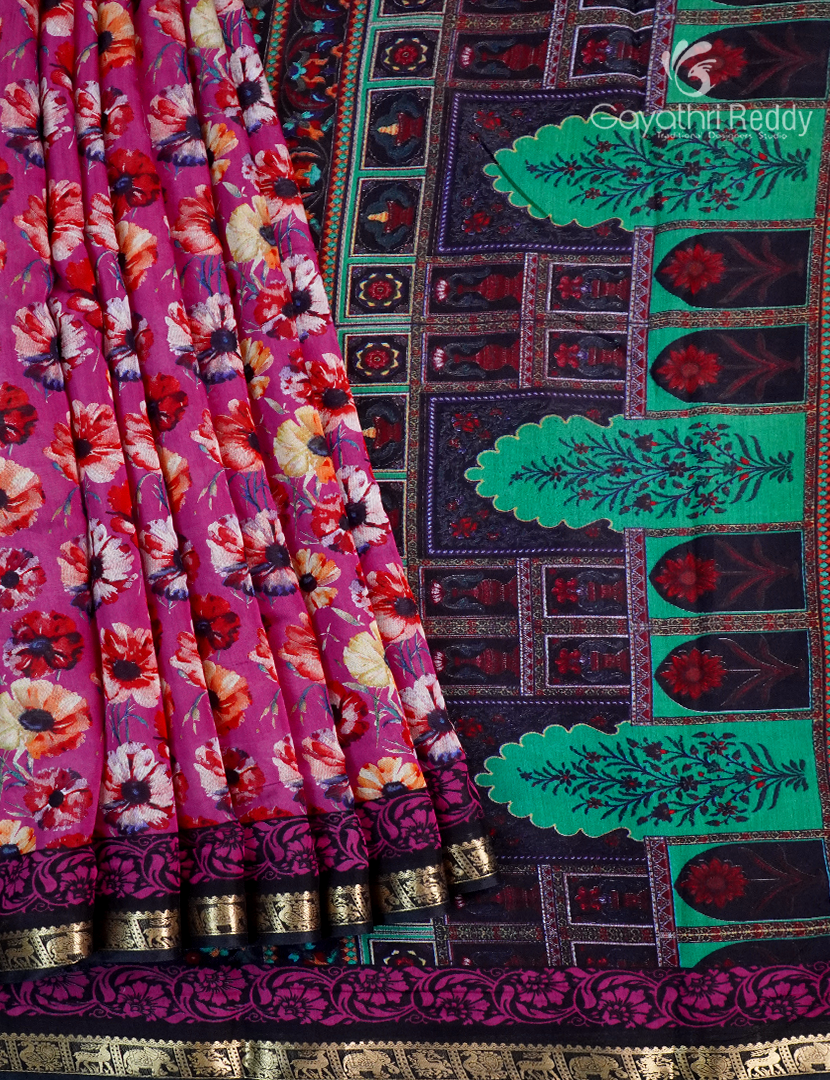 Vidharbha Sico Saree in Fuchsia Pink and Deep Navy Blue