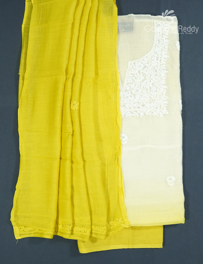 Dress Material 3 Piece Set in Milk white  and Yellow