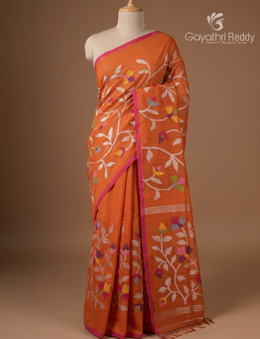 Pure Jamdani Kora Saree in Orange