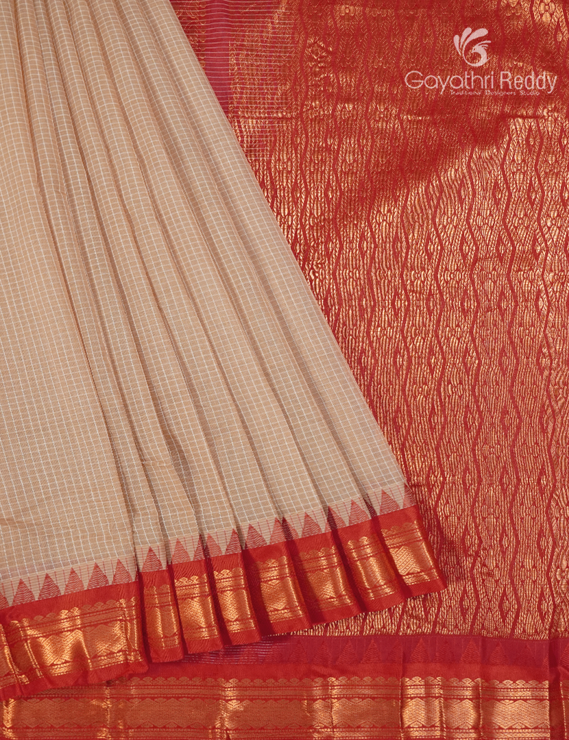 Pure Gadwal Cotton Saree in Golden Beige and Red