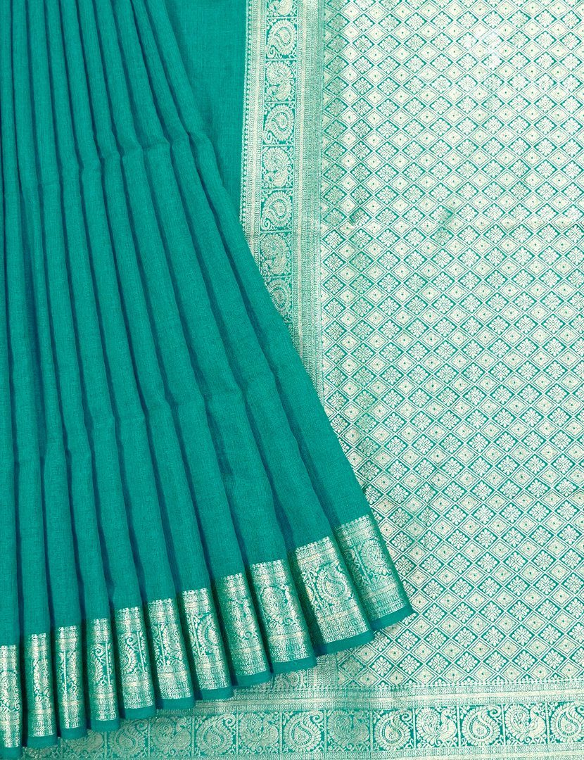 Semi Tussar Saree in Rama Green