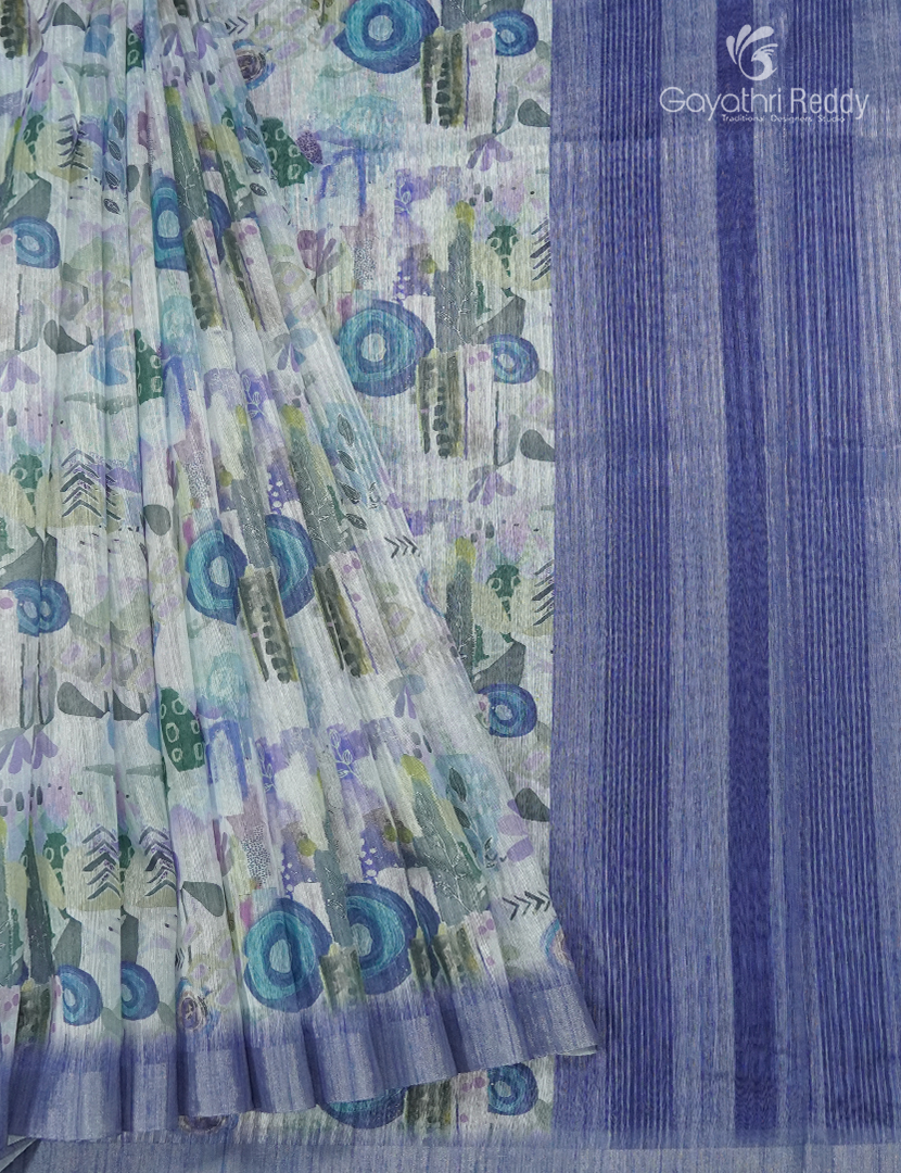 Pure Linen Saree in Cream and Denim Blue