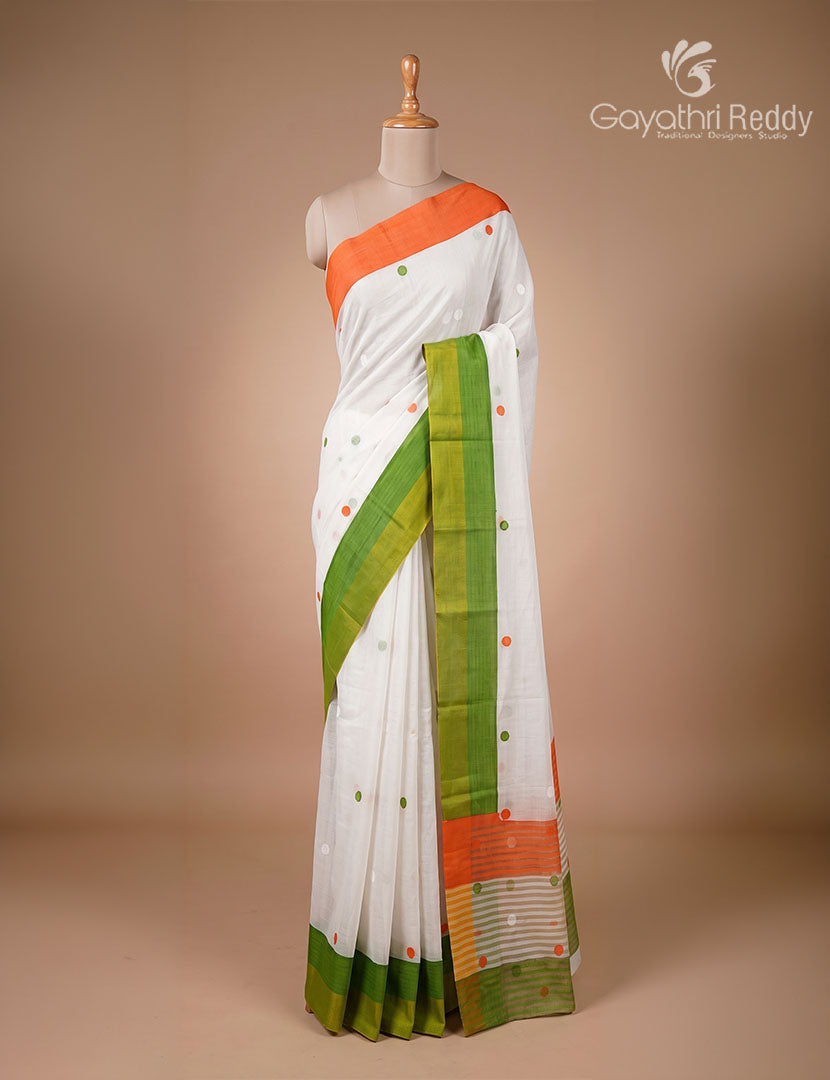 Semi Tussar Silk  Saree in White with Tirangaa Border Independence Day Special