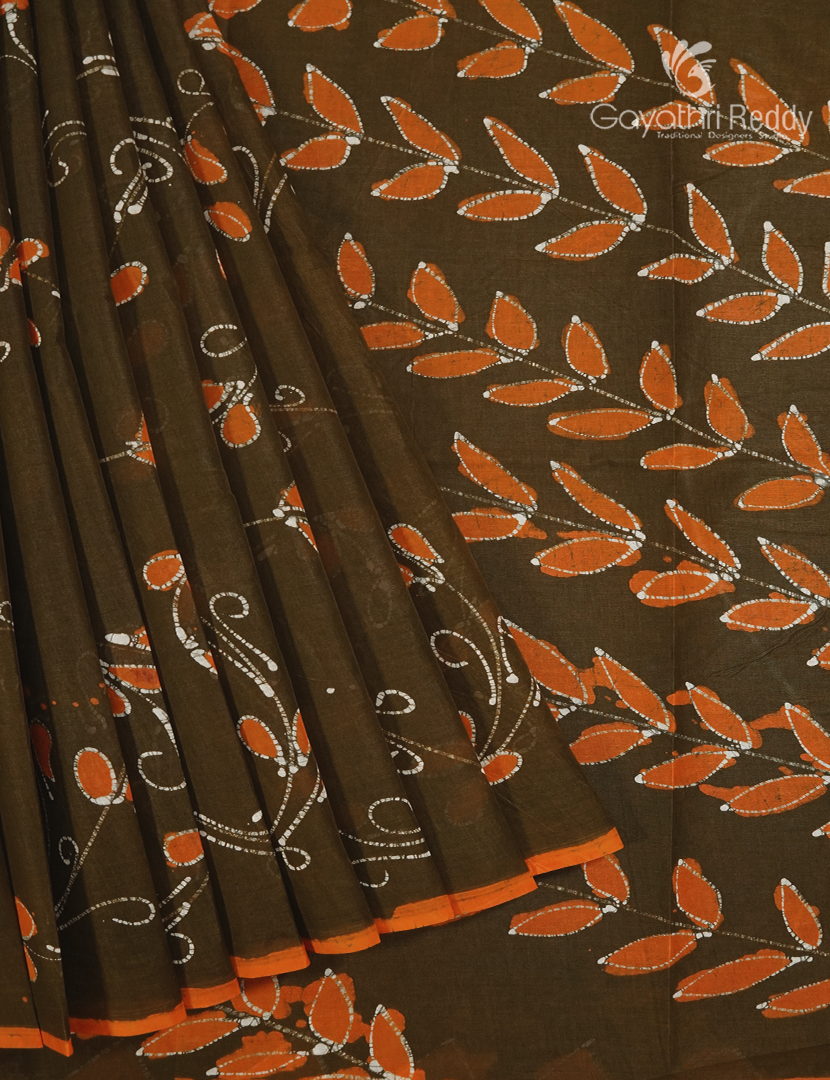 Cotton Batik Print Saree in Deep Mehendi Green and Orange