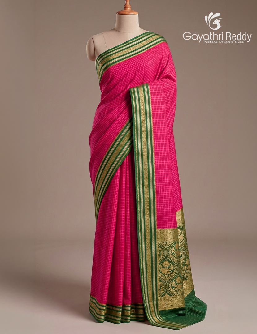 Semi Mysore Crepe Saree in Rani Pink and Bottle Green
