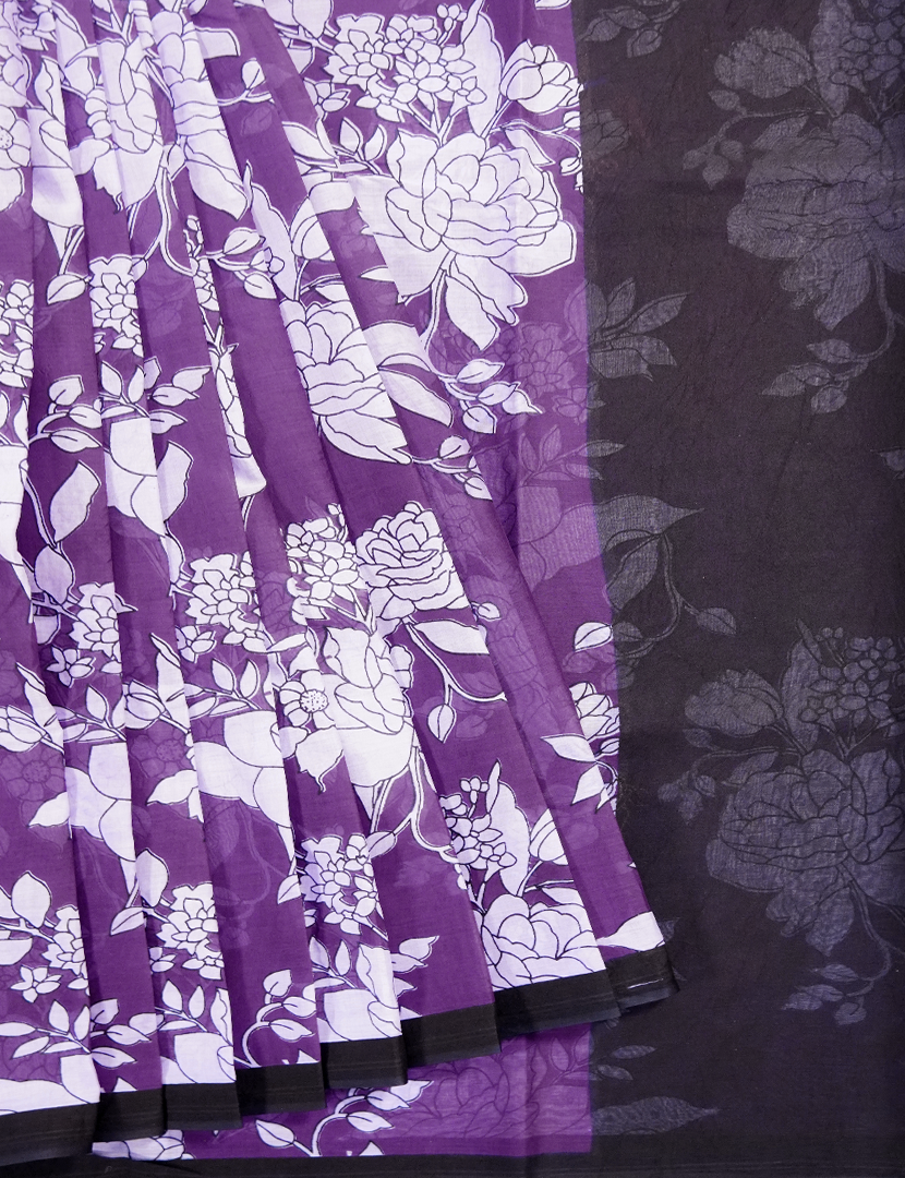 Pure MulMul Cotton Saree in Deep Lavender and Black