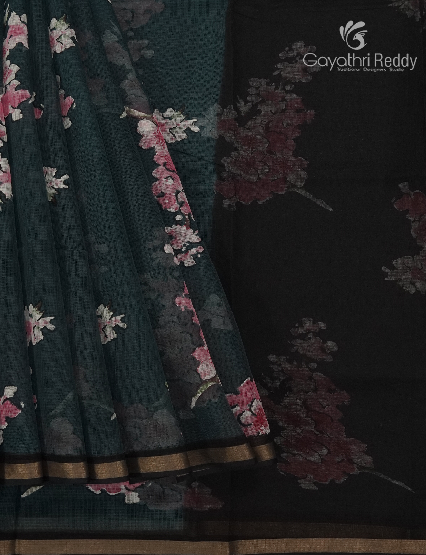 Premium Quality Cotton Kota Saree in Deep Peacock Green and Black