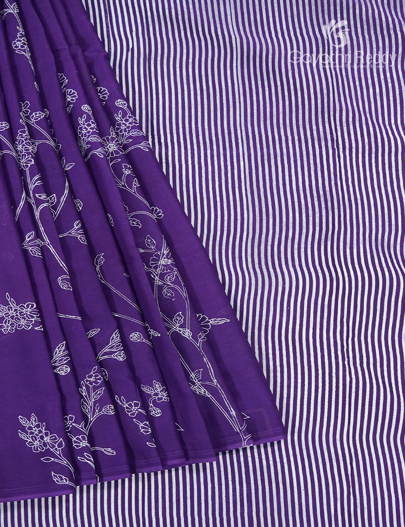 Pure MulMul Cotton Saree in Deep Purple and White