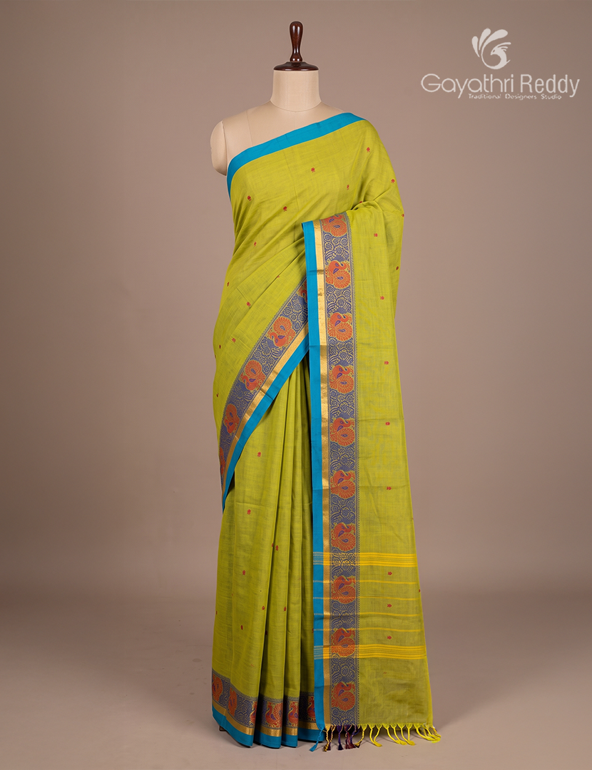 Pure Handloom Cotton Saree in Mehendi Green