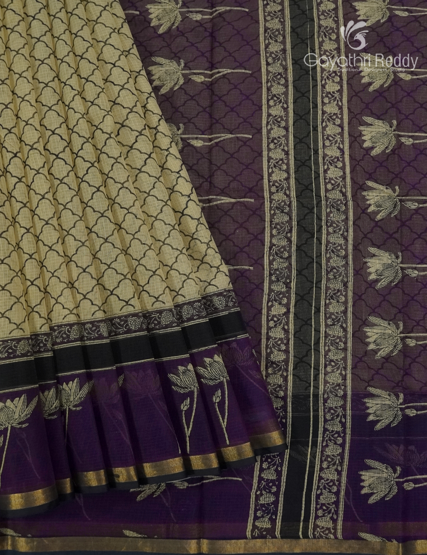 Premium Quality Cotton Kota Saree in Beige and Deep Violet