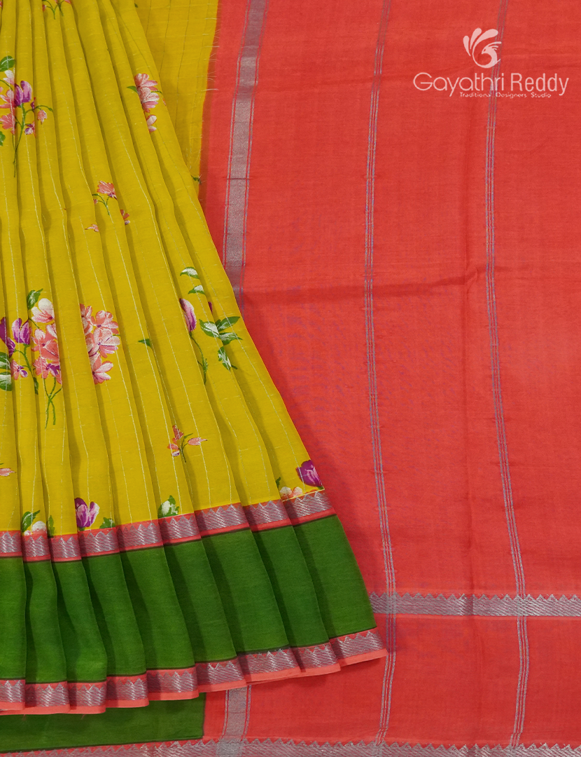 Mangalgiri Printed Saree in Yellow , Peach Pink and Mango Green