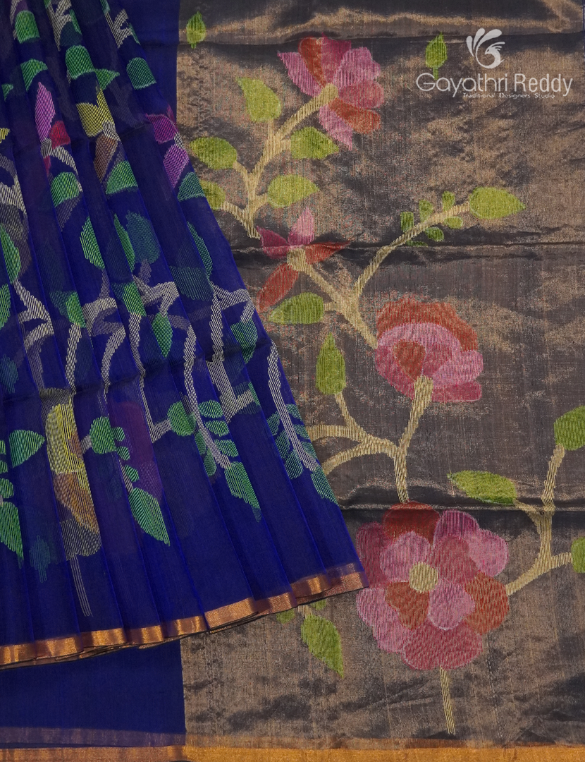 Pure Jamdani Kora Saree in Deep Blue