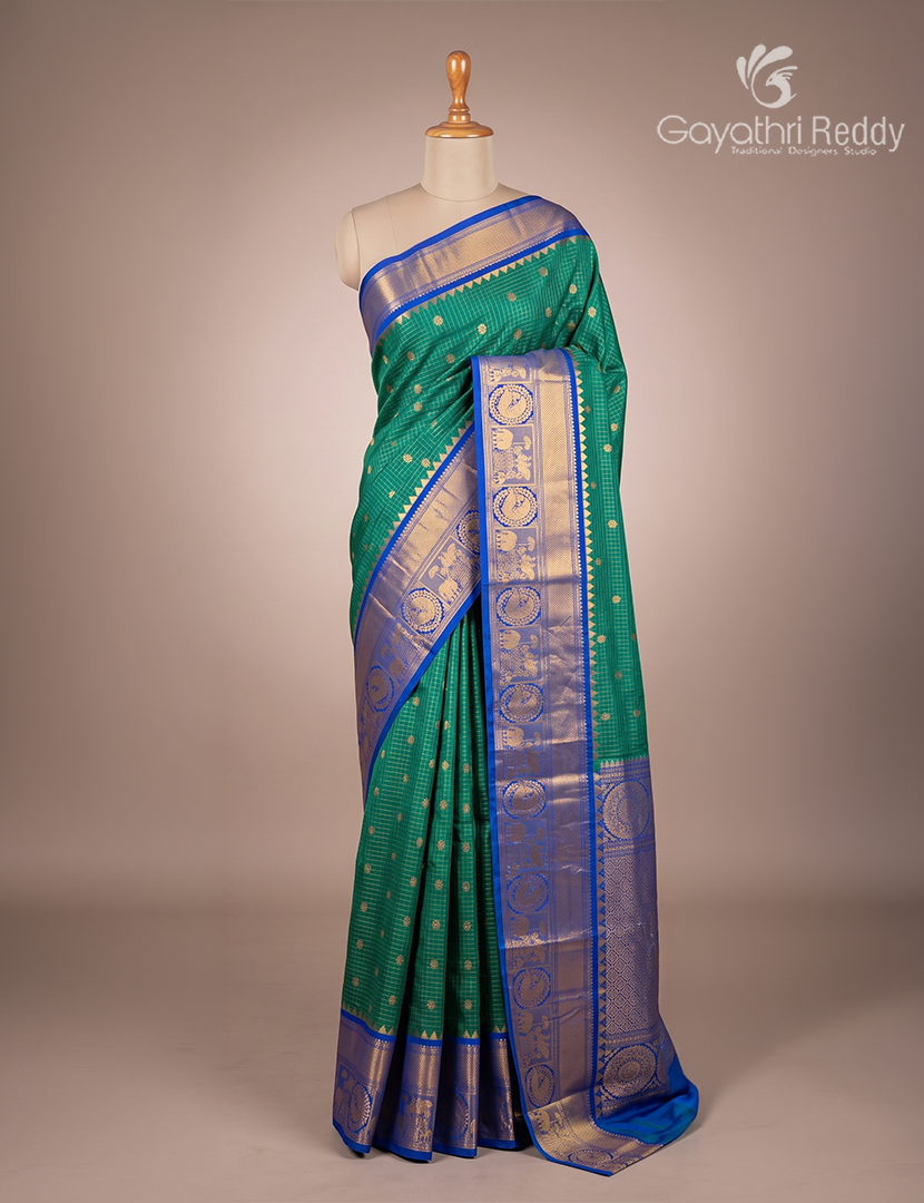 Pure Gadwal Silk Saree in Sea Foam Green and Blue