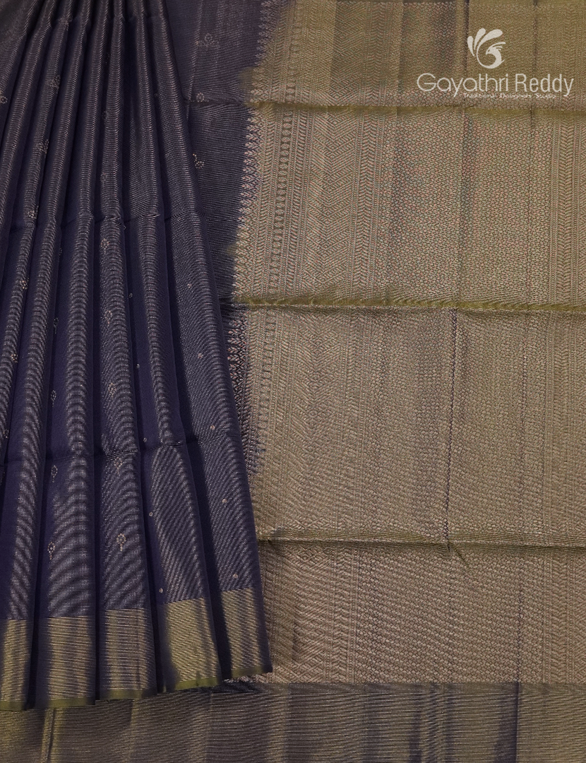 Pure  Kanchipuram Light Weight Silk Saree in Navy Blue and Olive