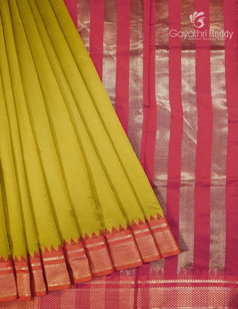 Semi Kanchipuram Art Silk Saree in Mehendi Green and Red