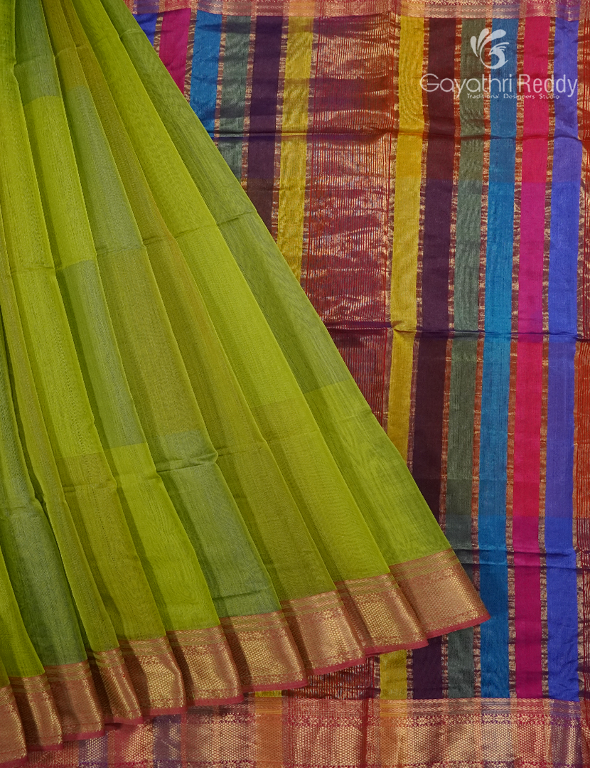 Pure Chanderi Sico Saree in Parrot Green and Red