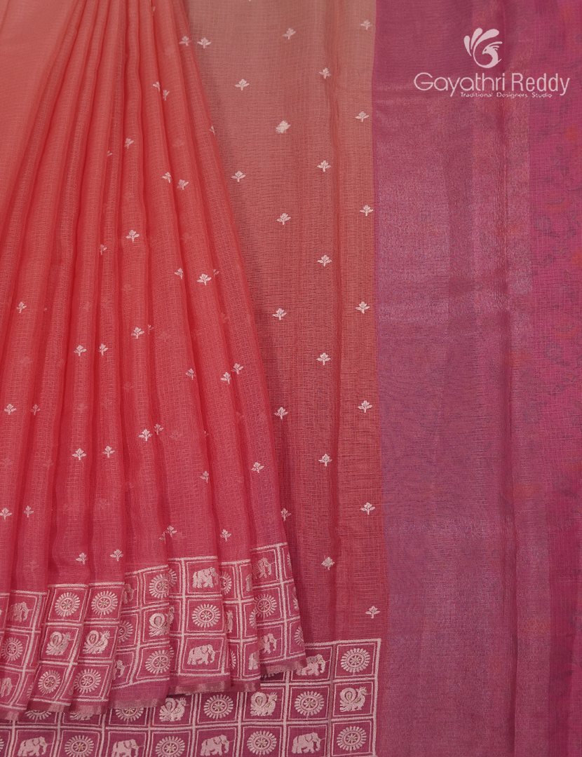 Silk Kota Saree in Beige and Peachish Red