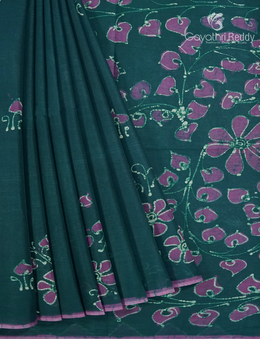 Cotton Batik Print Saree in Deep Rama Green