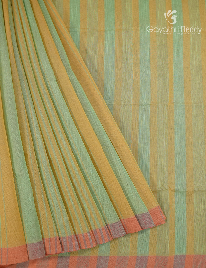 Pure Handloom Cotton Saree in Lime Green and Mustard