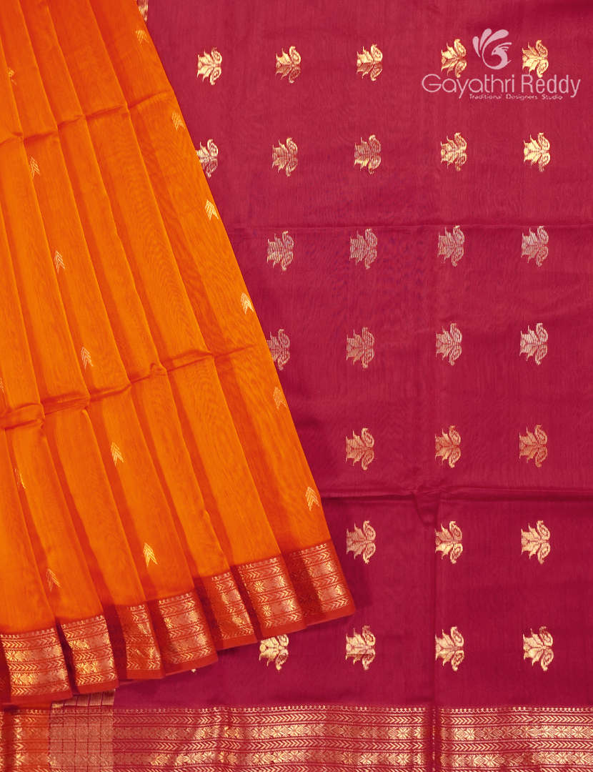 Pure Chanderi Sico Saree in Orange and Rani Pink