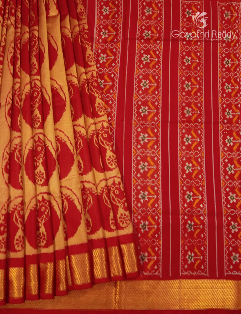 Pure Ikat Silk Saree in Golden Yellow and Red