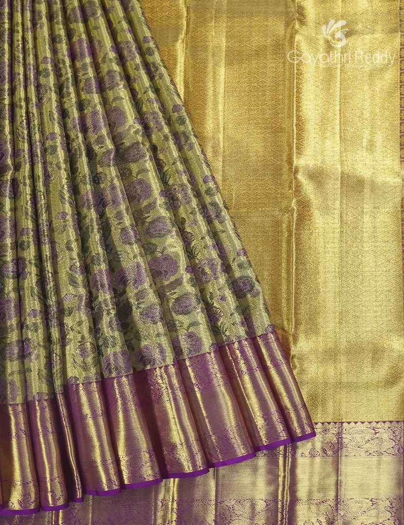Pure Kanchipuram Silk Bridal Saree in Olive Green and Purple