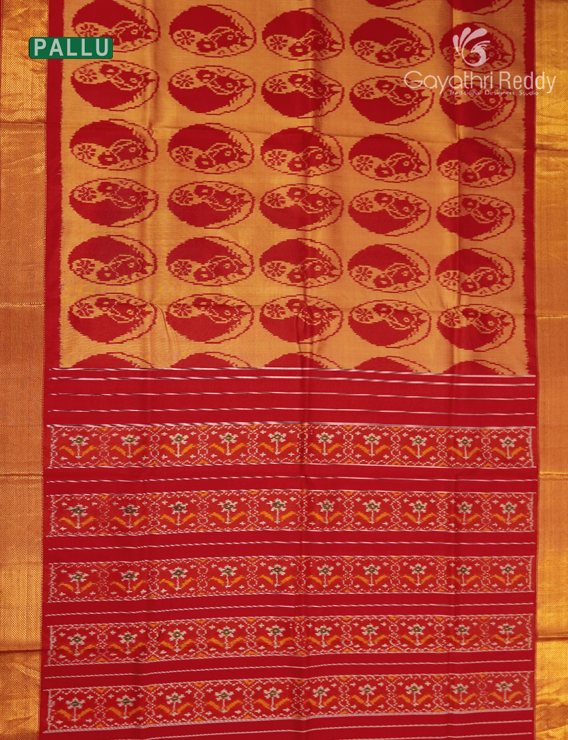 Pure Ikat Silk Saree in Golden Yellow and Red