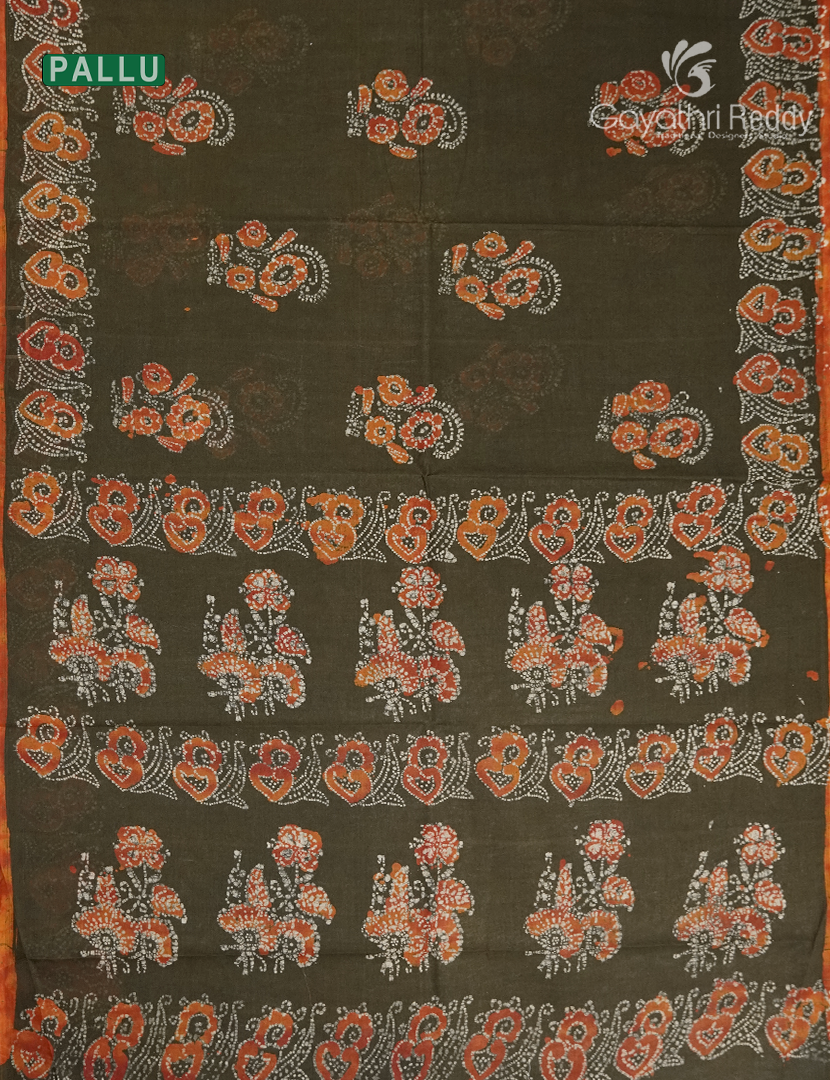 Cotton Batik Print Saree in Mehendi Green