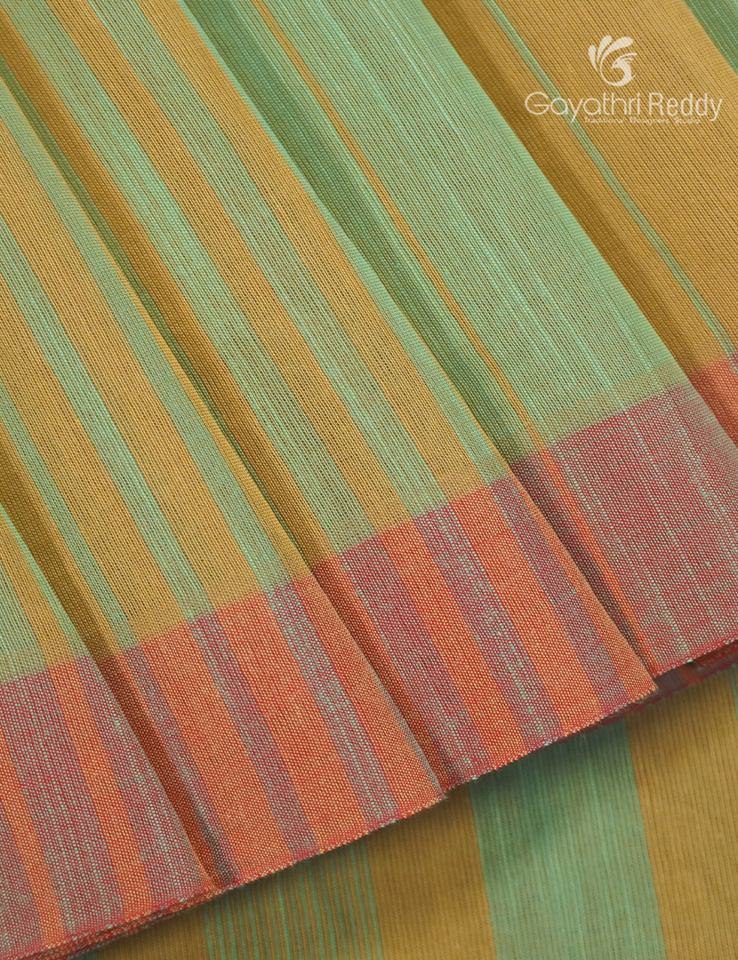 Pure Handloom Cotton Saree in Lime Green and Mustard