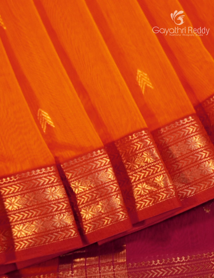 Pure Chanderi Sico Saree in Orange and Rani Pink