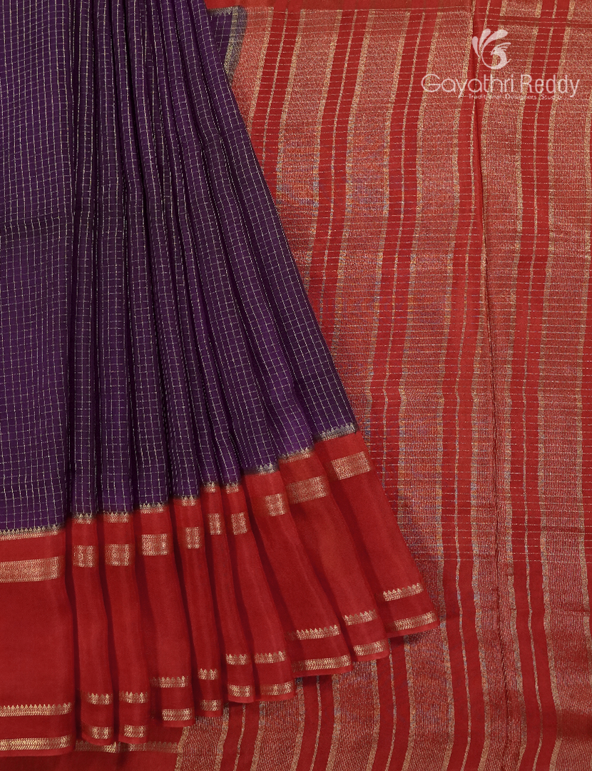 Semi Mysore Crepe Saree in Deep Violet and Bridal Red