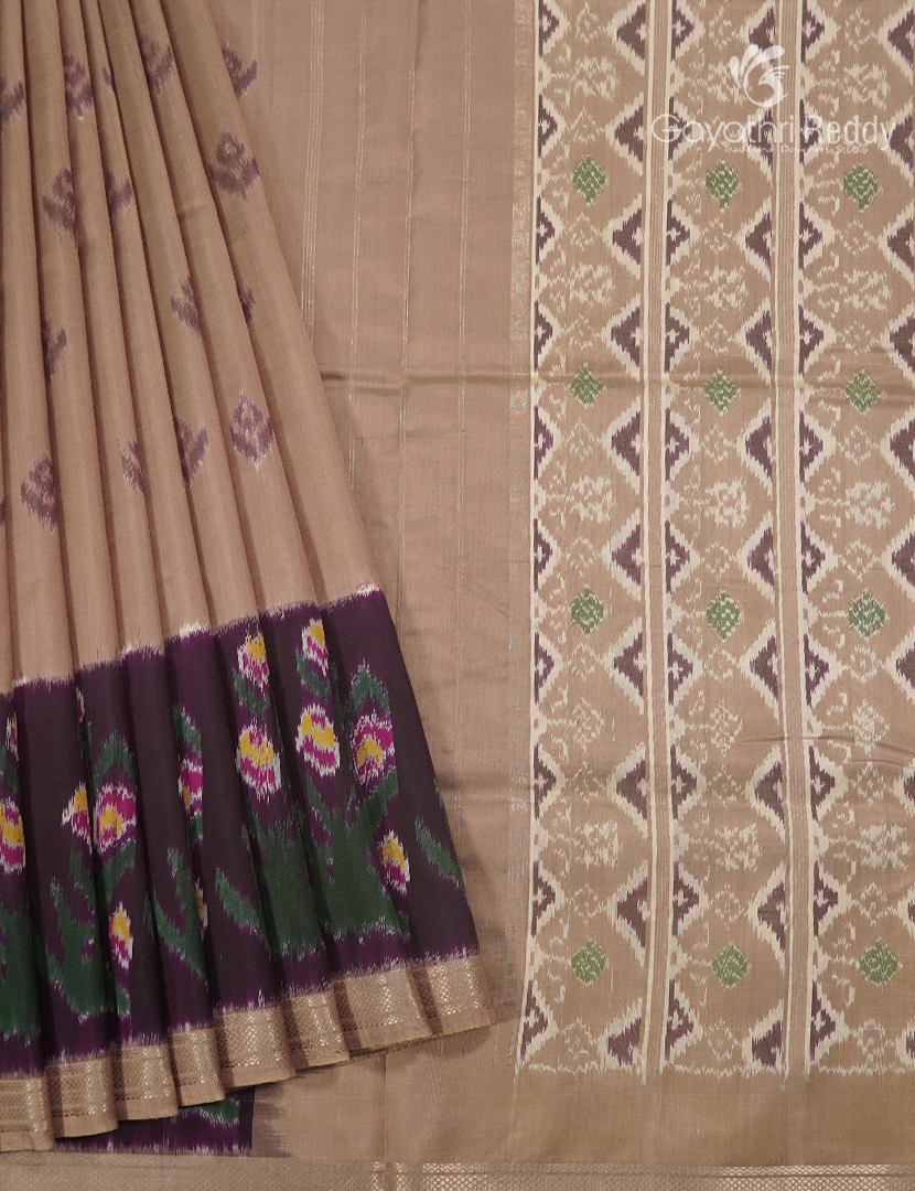 Pure Ikat Silk Saree in Chikoo and Wine