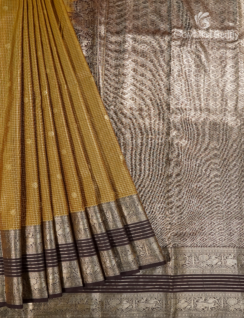 Semi Kanchipuram Silk Saree in Mustard and Deep Brown