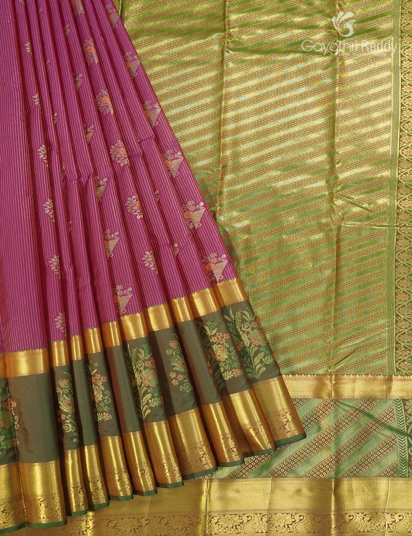 Semi Kanchipuram Silk Saree in Rust Red  and Olive Green