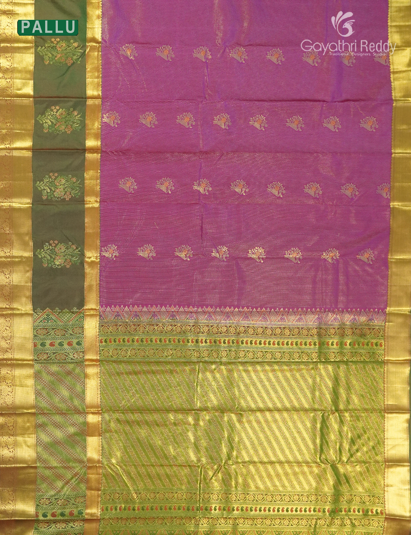 Semi Kanchipuram Silk Saree in Rust Red  and Olive Green