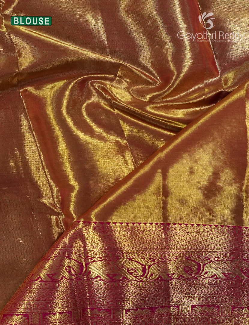Pure Kanchipuram Silk Bridal Saree in Rose Gold and Red