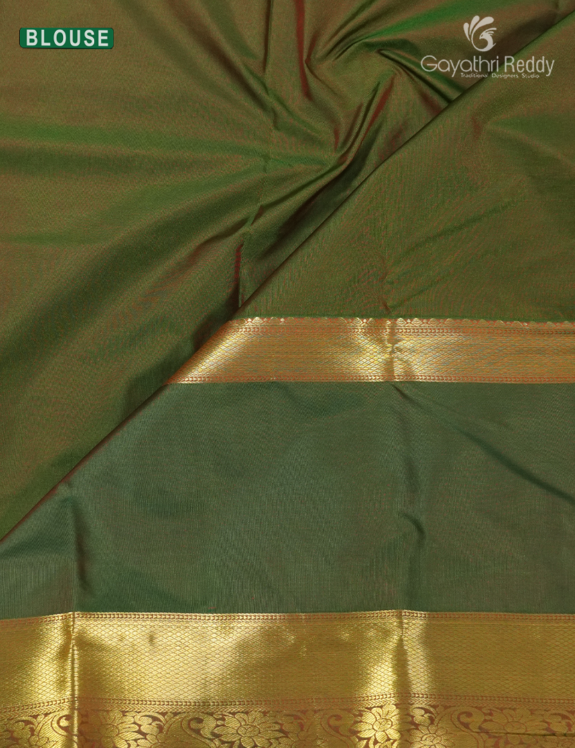 Semi Kanchipuram Silk Saree in Rust Red  and Olive Green