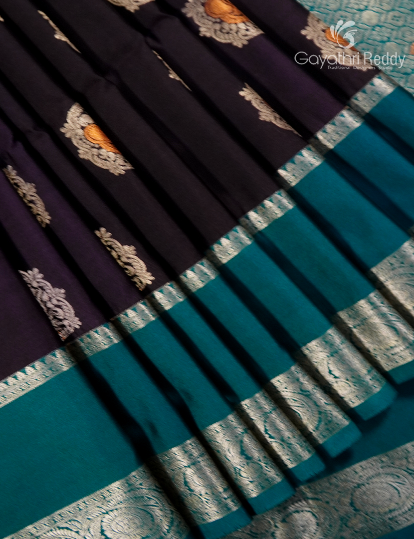 Soft Silk Saree in Deep Brown and Teal Blue