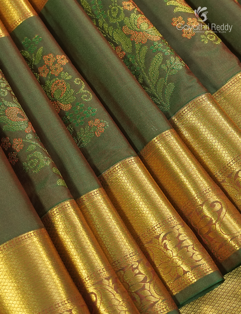 Semi Kanchipuram Silk Saree in Rust Red  and Olive Green