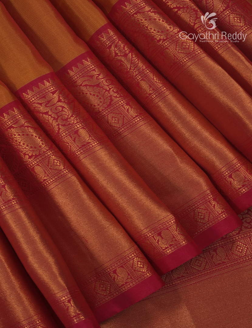 Pure Kanchipuram Vintage Silk Saree in Mustard and Rani Pink